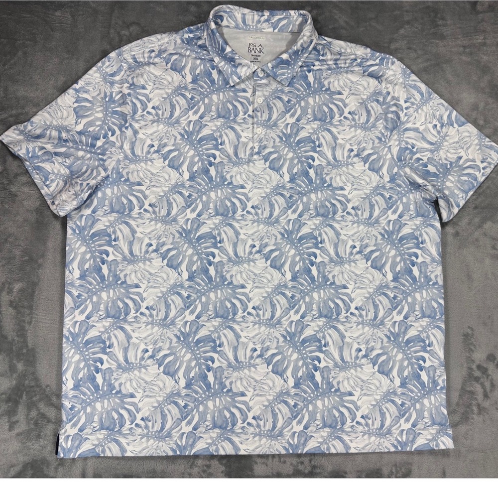 Jos. A. Bank Traveler Mens XXL Blue Tropical Monstera Leaf Polo Shirt Tailored
